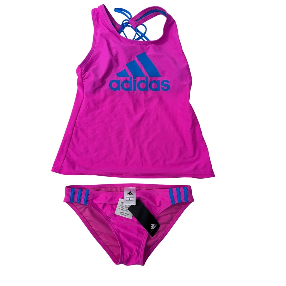Adidas Womens Neon Pink Blue Tankini Two Piece Swimsuit Strappy Back Set New NWT